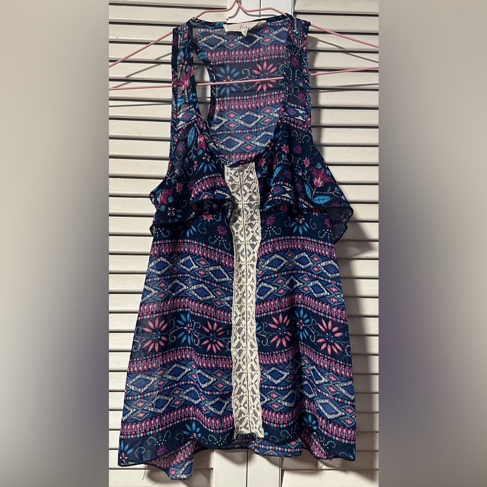 Nabee Boho Satin Ruffle Floral Blue Purple Tank Top Girl’s 10